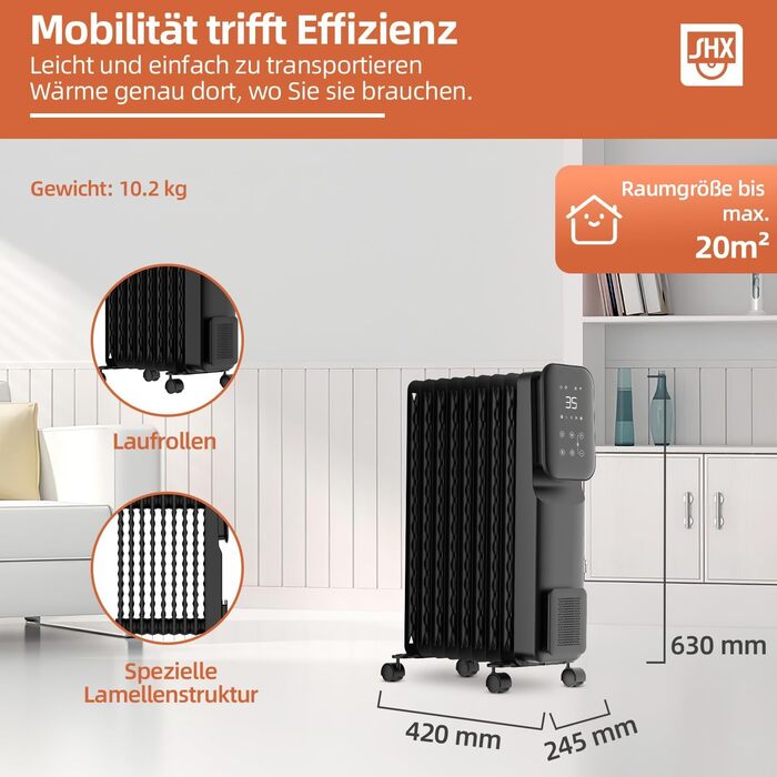 Масляний радіатор SHX 2000W з Wi-Fi, 3 режими, таймер 24г, термостат, Boost, до 40 м²