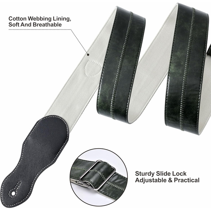 Гітарний ремінь Nefelibata з кишенею для медіатора, 2.3-дюймовий веганський шкіряний ремінь для гітари в стилі Porter, вінтажний стиль 30-х років, з медіаторами, кнопками та замками. Регульована довжина від 42 до 66 дюймів (зелений)