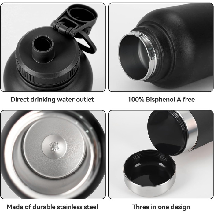 Водяна пляшка для собак на 950 мл з мискою – ізольована сталева пляшка для води, портативна, BPA-free, для подорожей та прогулянок (Чорний, L)