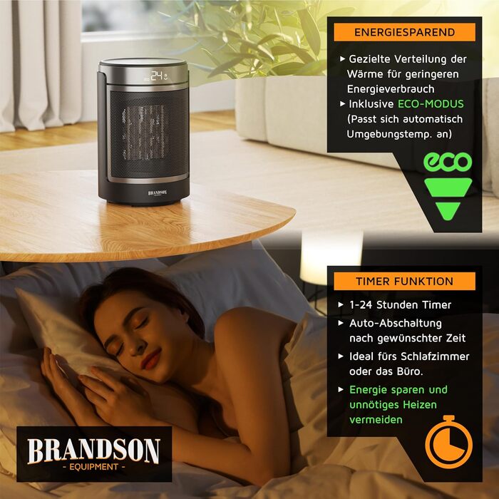 Електричний обігрівач Brandson з пультом керування, ECO-режим, осциляція 50°, 2 режими нагріву, захист від перегріву та перекидання