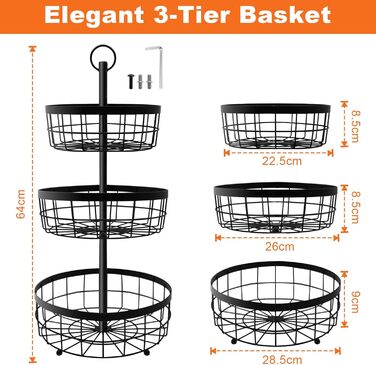 Металева фруктова етажерка Yiomxhi 3 ящики, чорна – для зберігання фруктів, овочів, хліба та закусок