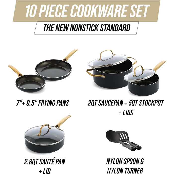 Набір посуду Blue Diamond Gold 10 предметів для індукційних плит, з алмазним покриттям, без PFAS та PFOA, антипригарне покриття, міцний, безпечний для металевих кухонних аксесуарів, придатний для миття в посудомийній машині, чорний