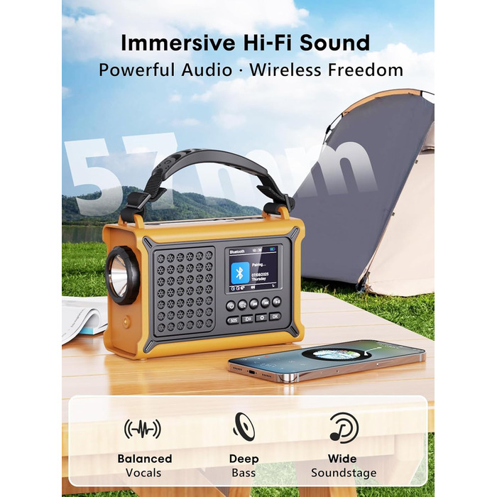 ROCAM Радіоприймач на ручку DAB+/UKW, портативне аварійне радіо з сонячною панеллю 8500 мм² та ручкою 650mA, цифрове радіо з Bluetooth, 2.4' кольоровий дисплей, 80 станцій, SOS, LED ліхтарик, USB, IPX6 для кемпінгу (Жовтий)