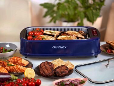 CUSIMAX Steak Grill | 1500W Table Grill Electric | BBQ Grill for Indoor and Outdoor Use | Electric Grill with Lid, Touchscreen Temperature Control, Oil Collection Tray, and Removable Grill Plate Blue