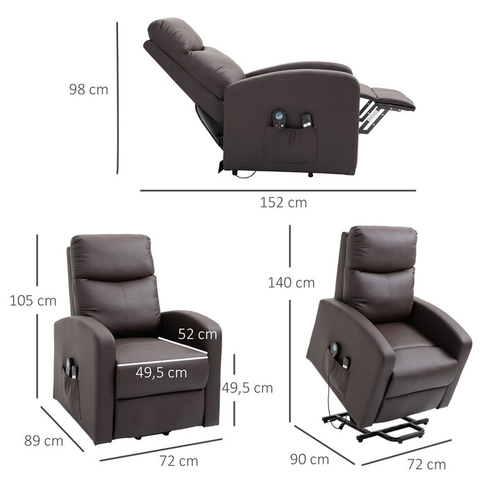 HOMCOM Recliner Chair with Rise Assist and Electric Massage Function, Reclining Function, Faux Leather, Brown, Comfortable Armchair with Remote Control