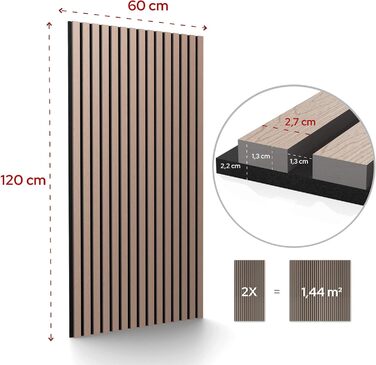 Акустичні настінні панелі Arebos 10x60 см, ламелі в стилі дерева для стін та стелі, шумопоглинаючі декоративні панелі (Темний дуб, 2 шт.)