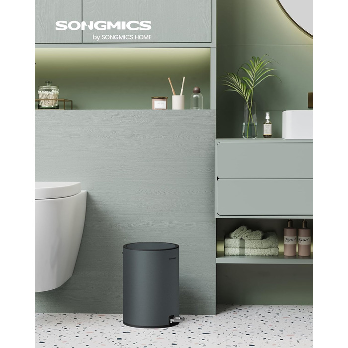 Кошик для сміття у ванну кімнату SONGMICS PARRI LTB11WT, сталевий з м'яким закриттям Softclose та виймаюмим пластиковим відром, 3 л, білий