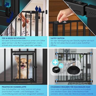 Захисне ворота KIDIZ для котів з люком, захист для дверей, ворота на сходи для дітей без свердління | Зупинка 90°, поворотні, білий колір, ширина (88-101 см)