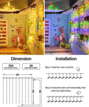 Ламповий фонтан 3x3м, 300 LED, USB, 8 режимів, пульт, IP65, для декору, свята, вечірки, тепле світло, мідний дріт