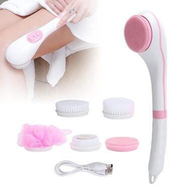 Electric Body Scrub Brush with USB Charger, 6 Speed Adjustable Body Brush Set Shower Brush Back Scrubber Multifunction Long Handle Massager, Long Handle for (Pink)