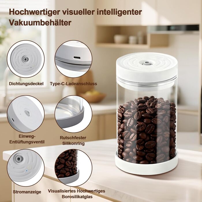 Герметичний контейнер для кави на 1100 мл з нержавіючої сталі, вакуумний, з клапаном, для кавових зерен, чаю, горіхів, печива, какао - білий