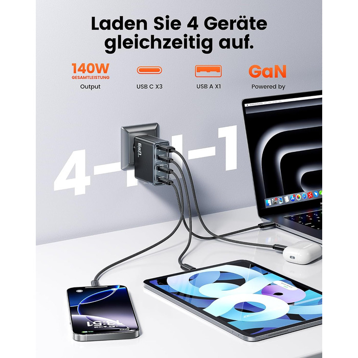 Зарядний пристрій USB-C toocki 140W GaN з 4 портами (USB-C + USB-A) PD3.1 для iPhone, MacBook, Samsung та інших пристроїв