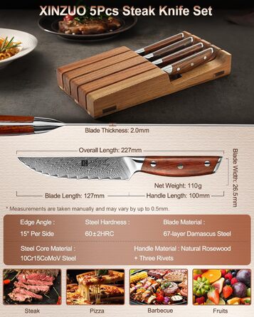 Ніж кухарський XINZUO Damaststahl Kiritsuke 21см - професійний, з нержавіючої сталі Дамаск, з ручкою з рожевого дерева, 5-ти річний набір ножів для стейку