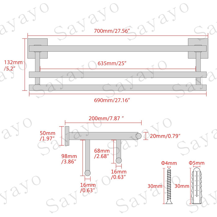 Тримач для рушників SAYAYO настінний, 70 см, з полицею, нержавіюча сталь, для ванної кімнати та кухні