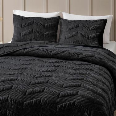 Комплект постільної білизни з велюрової стеганої ковдри SHALALA King Size (106'x94'), смугастий, всі сезони (світло-тауп, чорний)