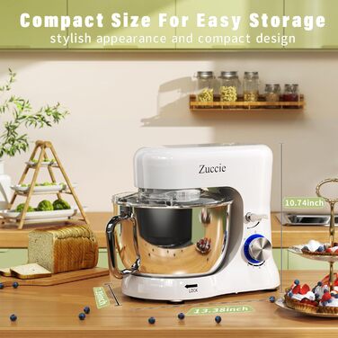 Stand Mixer, Zuccie Stand Mixer Quiet Mixing Machine including 5L Stainless Steel Bowl, 3 Mixing Tools, Splash Guard, Dough Scraper, and Egg Separator, 8+ Speed Dough Machine (White)