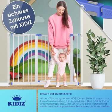 Захисне ворота KIDIZ для дітей з люком для котів, без свердління | Захист від падіння, поворотне, біле | Ширина: 102-115 см, блакитне