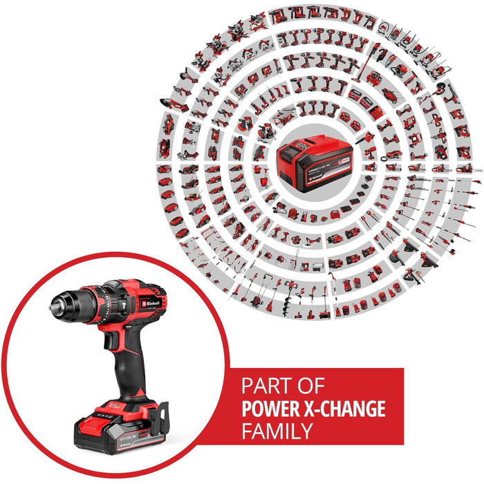 Акумуляторний ударний дриль-шуруповерт Einhell TE-CD 18/44 Li-i (1x2,5Ah) Power X-Change (18 В, 44 Нм, ударна функція, патрон 13 мм, 2 швидкості, з акумулятором 2,5 Ah та зарядним пристроєм)