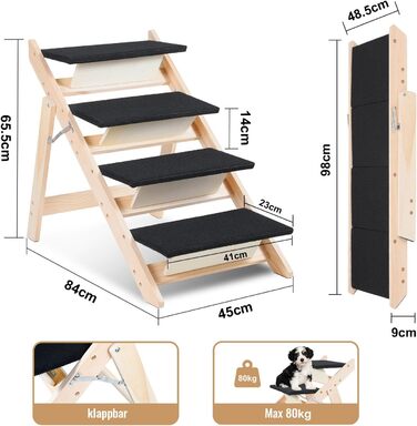 Сходинка для собак та котів 2-в-1, розкладна, 65.5 см, 4 сходинки, вантажопідйомність 80 кг, з антиковзним килимком