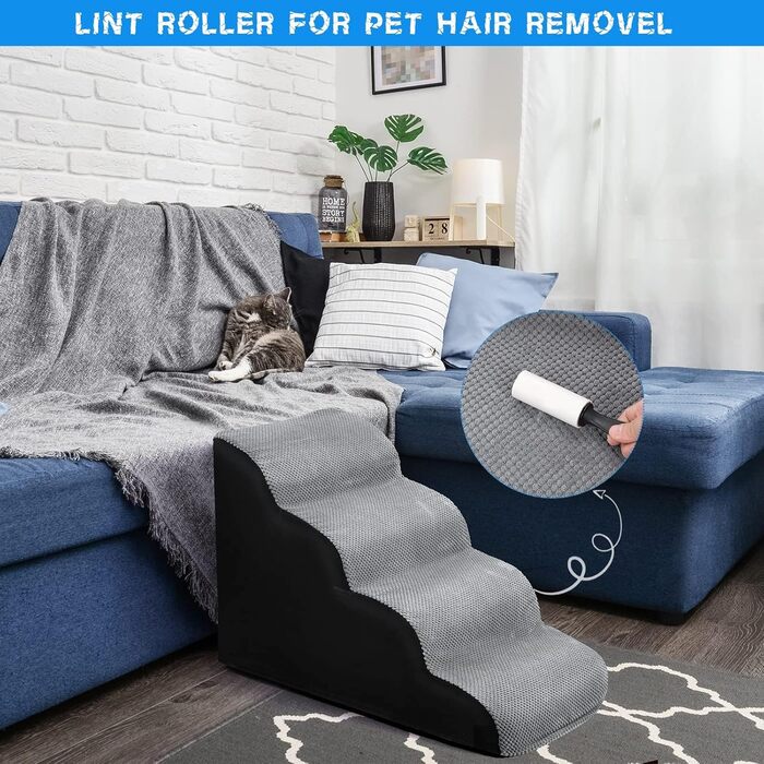 LIANTRAL Dog Stairs, 3 Steps Dog Stairs for Bed and Sofa made of High-Density Sponge, Cat Stairs Dog Ramp with Removable, Washable Cover and Pet Hair Remover Roller, 40 cm High (4 Steps Grey & Black)