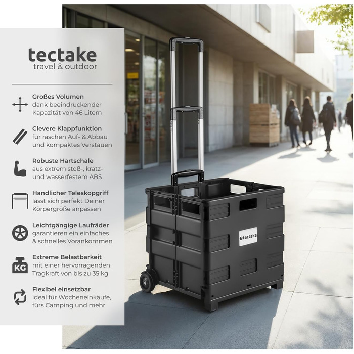 Складаний візок для покупок Tectake Shopping Trolley, сумка-шопер на колесах для продуктів та кемпінгу, чорний (45,75 л)