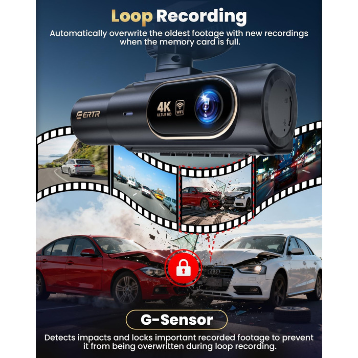 3-канальний 4K відеореєстратор для авто з камерою заднього виду, Wi-Fi, G-сенсором та нічною зйомкою, 4K+1080P+1080P, 64GB SD-карта в комплекті