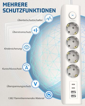 Мережевий фільтр Steckdose 8 в 1 з USB, 3680W з вимикачем, 16A з 2 USB-C, для смартфонів, ноутбуків, iPad, білий кабель 1.8м