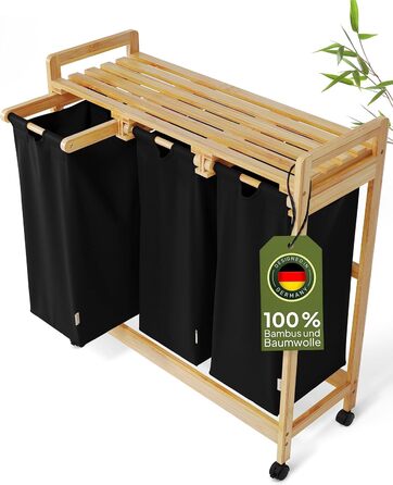 AMBIAVO® Laundry Basket with 3 Compartments and Wheels [black, 100% cotton, bamboo, 90 l volume] | Laundry Collector for dirty laundry | Laundry sorting system | Laundry sorter wood | Laundry box | laundry baskets