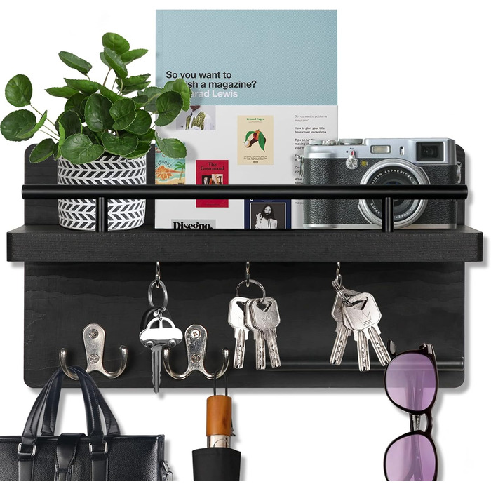 Настінна вішалка для ключів на 5 гачків, дерев'яна дошка для ключів з полицею, настінний органайзер для ключів, рустикальна вішалка для ключів, органайзер для ключів, декор для дому (чорний)