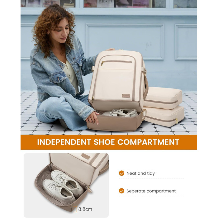 LOVEVOOK Рюкзак для ручної поклажі 40L з окремим відділенням для взуття, рюкзак-валіза для подорожей, жіночий, з відділенням для мокрого та сухого, 3 шт. (Бежевий, Хакі)