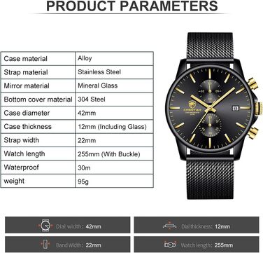 Чоловічий годинник на браслеті Mesh, кварцовий, з хронографом, водонепроникний, чорний, з автоматичною датою, нержавіюча сталь