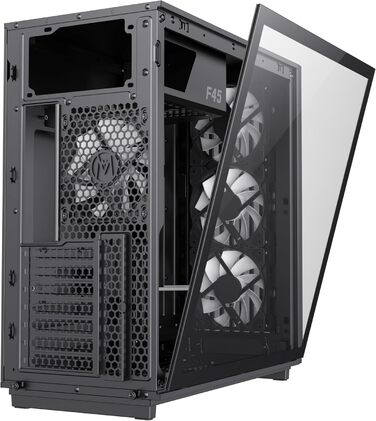 Корпус ПК GAMEMAX F45 Mid-Tower чорного кольору з дерев'яним декором, 4x ARGB PWM вентилятори, сумісний з BTF материнськими платами, скляна бічна панель, для геймінгу