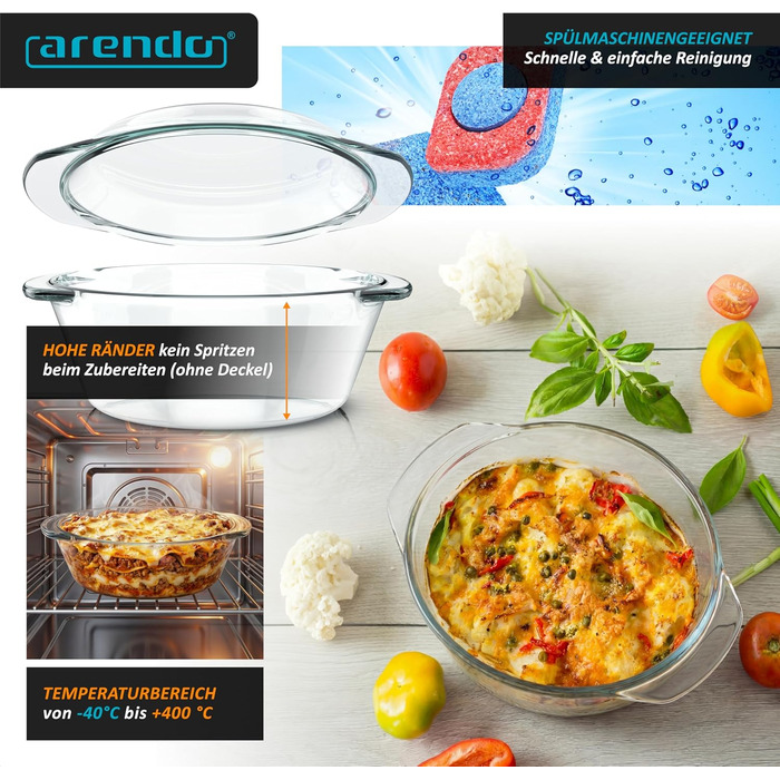 Набір форм для запікання Arendo з кришкою та ручками (3 шт.) – Borosilikatglas – 1000мл, 1500мл, 2000мл – для духовки, мікрохвильовки, BPA-free, скляні контейнери