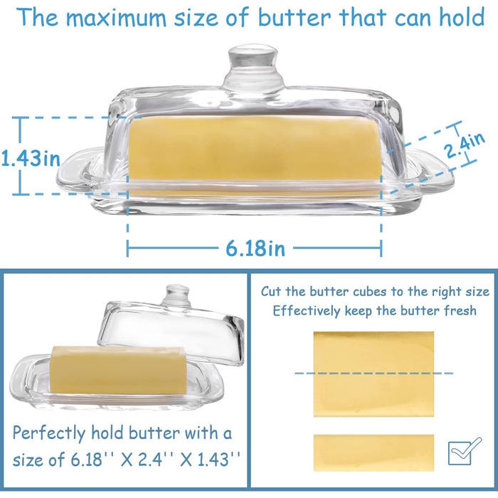 Gusnilo Butter Dish made of Glass, Classic Butter Dish, Transparent, with Lid and Handle, Dishwasher Safe, 1 Piece