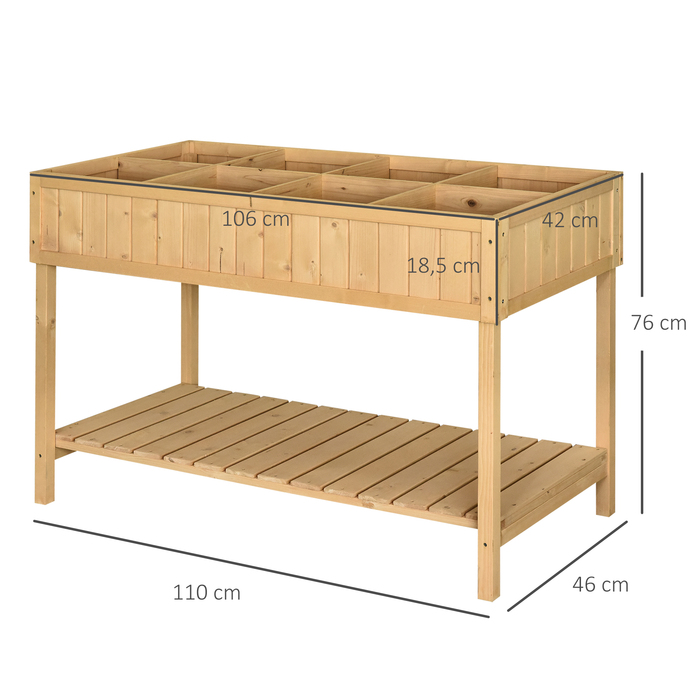 Outsunny Planting Table Raised Garden Bed Planting Table Flower Box Seedling Table 8 Compartments with Drainage, Shelf, Fir Solid Wood Natural Wood 110 x 46 x 76 cm | Aosom