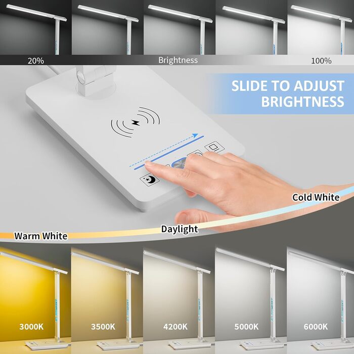 LED лампа настільна YAMYONE з бездротовим зарядним пристроєм та USB-портом, 5 кольорів, регулювання яскравості, нічник, годинник, термометр, для офісу та навчання, білий колір