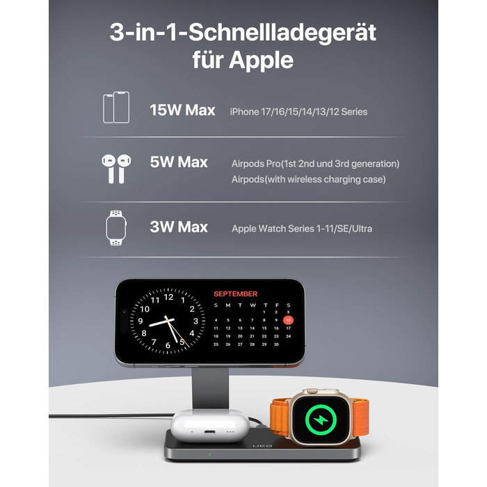 Бездротова зарядка 3-в-1 з Qi2.2 25W для Apple Watch та iPhone (MagSafe) + Адаптер 35W (Чорний)