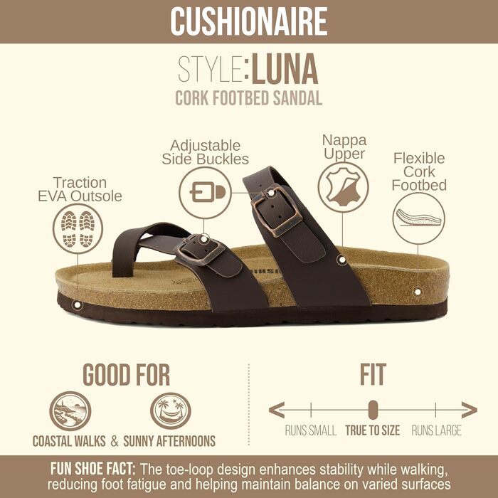 Сандалі шльопанці жіночі CUSHIONAIRE Luna (38.5 EU, широкі, коричневі) - зручні повсякденні