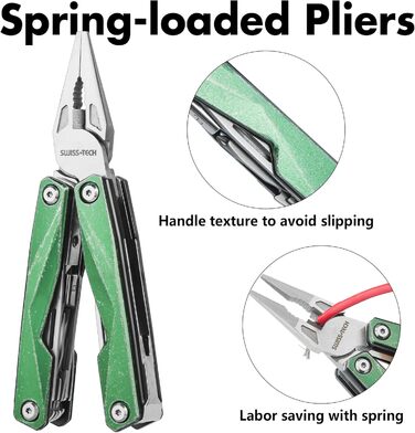 Мультитул Swiss+Tech 16-в-1 з нержавіючої сталі з ножем, пилкою, плоскогубцями, викрутками та ножицями для кемпінгу, відпочинку та ремонту, з чохлом, вінтажний зелений