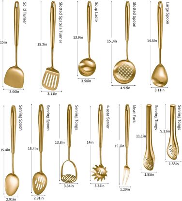 Набір кухонного інвентарю з нержавіючої сталі 304, 12 предметів: лопатки, шумівки, ложки, щипці, лопаточки, вінчики, кухонні щипці (безпечно мити в посудомийній машині) (сріблястий, золотий)