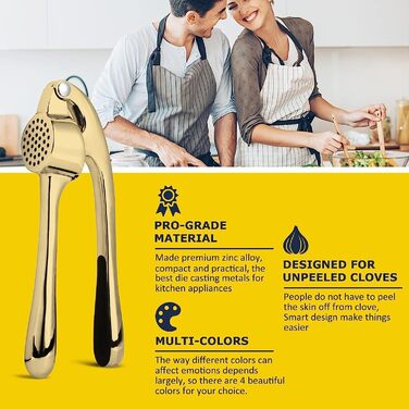 Преміум-нічна прес для часнику з нержавіючої сталі – підвищує якість вашого кулінарного досвіду. Набір прес, подрібнювач та лущильник часнику, стійкий до миття в посудомийній машині та нержавіючий (Золото)