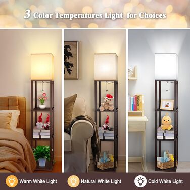 Світлодіодна торшер з дерева, 1.6м, з цоколюванням E27 (3000K-5000K), ретро торшер з 3 полицями, 3 колірні температури, настільна лампа з абажуром для спальні, кута, вітальні, офісу (коричневий)