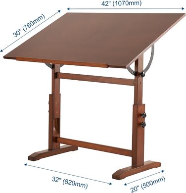 VISWIN Adjustable Art Drawing Table - Large Wooden Easel for Artists - Height & Tilt Adjustable, Solid Pine Wood, Studio Painting Table, Walnut Finish