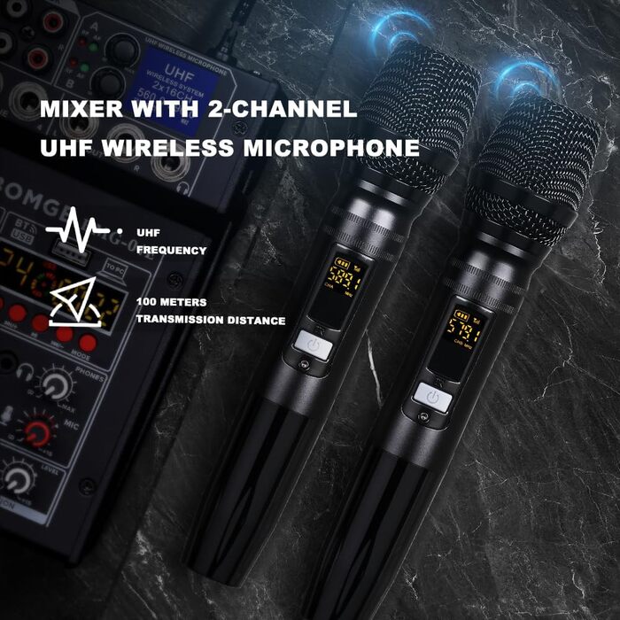 BOMGE 04E Караоке-аудіомікшер 4-канальний з бездротовими Dual-UHF мікрофонами, Bluetooth, MP3, USB, 48V фантомне живлення, для DJ, вечірок, комп'ютера