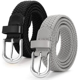 Жіночий плетеный еластичний пояс JASGOOD, льон, 2.5 см, чорний + сірий (срібна пряжка), розмір M (до 86 см)