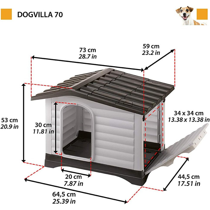 Будка для собак Ferplast DOGVILLA 70, Outdoor, з відкриваючимся боком, дренажний піддон, ізольоване дно, знімний дах, вентиляційні грати, перероблений пластик, 73 x 59 x 53 см