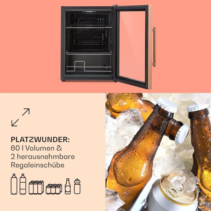 Klarstein Mini Fridge with Glass Door - 60L Compact Beverage Cooler with Adjustable Shelves & Wave Design Racks - Quiet Operation, Copper Finish