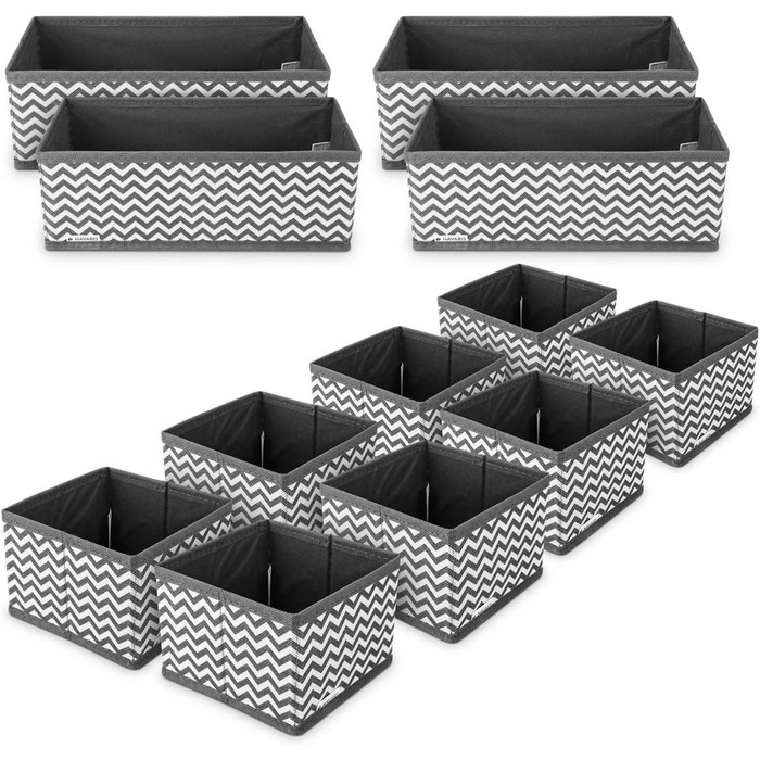 Navaris Storage Boxes Organizer Organization System Fabric Boxes - 12 Pieces in Various Sizes - for Wardrobe and Drawers - Foldable (Gray - White)