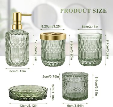 Набір аксесуарів для ванної кімнати 5 предметів, чорний дозатор для мила та лосьйону, мильничка, підставка для зубних щіток, стаканчик, склянка для ватних паличок, прозорий скляний бокс (Зелений)