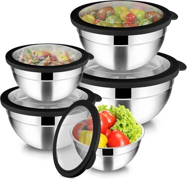 Набір мисок Joyfair 5 шт. з нержавіючої сталі з прозорими кришками, 4,5л/2,7л/1,5л/1,2л/0,7л. Складаються, підходять для приготування, сервірування та випічки. Миски для салатів, стійкі до миття в посудомийній машині (Чорний, 5 мисок + 5 кришок)